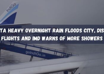 Flooded streets of Kolkata after heavy overnight rain, causing traffic disruption and flight delays