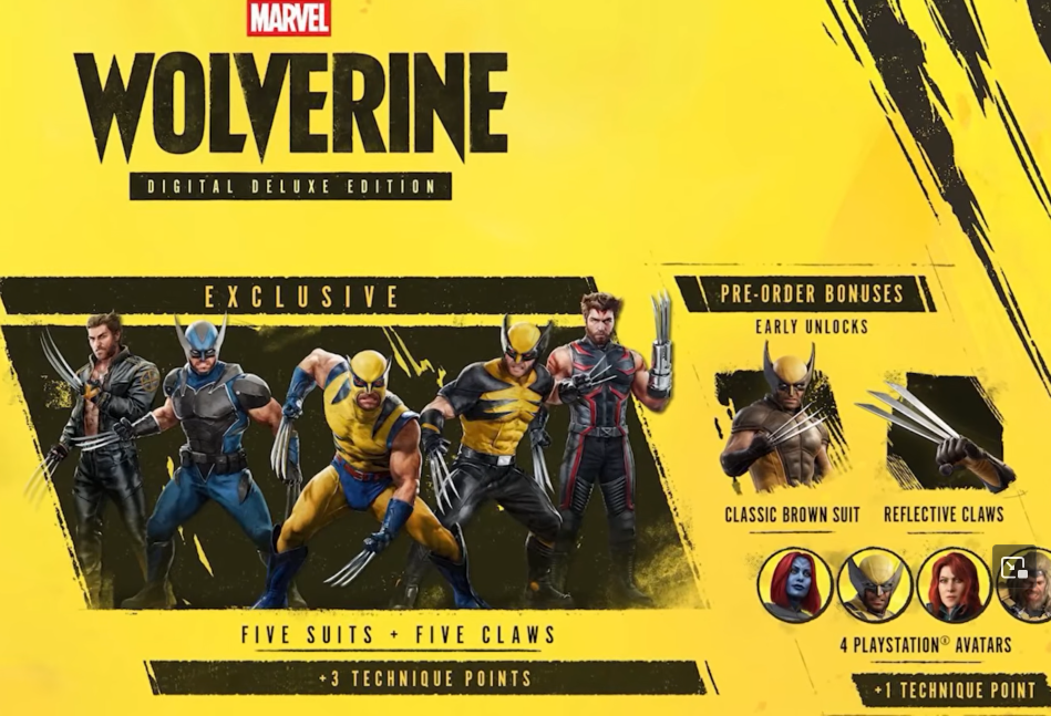 screenshot of all the add-ons available if you buy the digital deluxe edition of marvel's wolverine